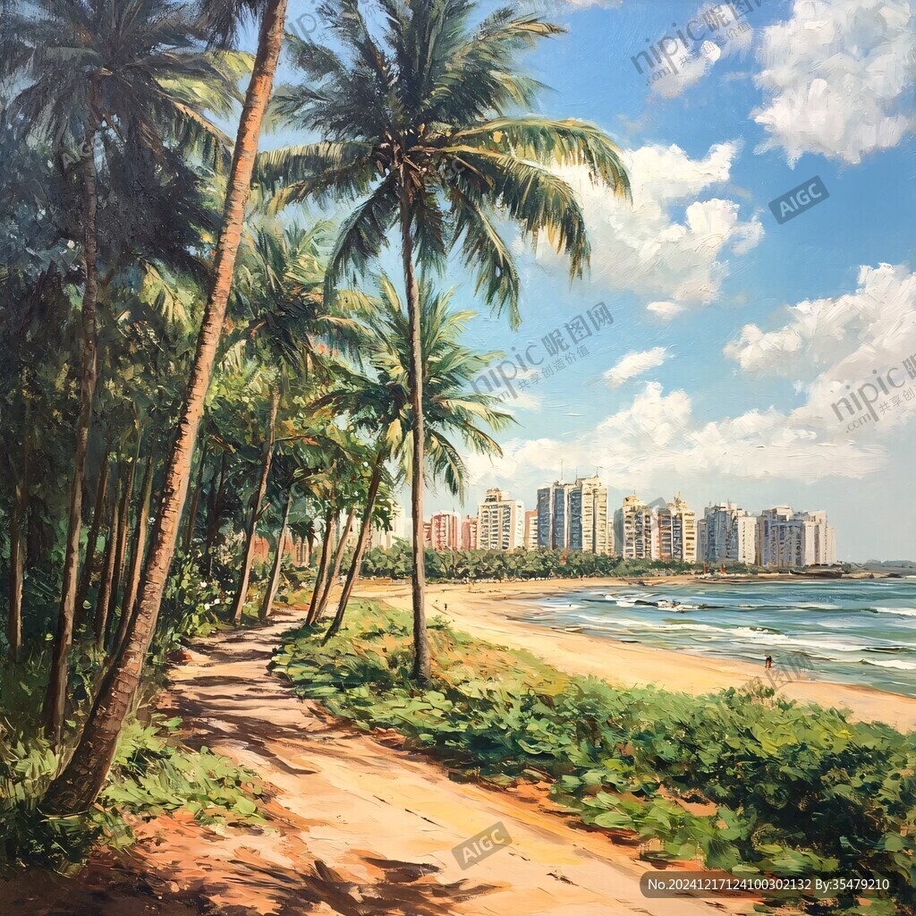 海濱小城油畫