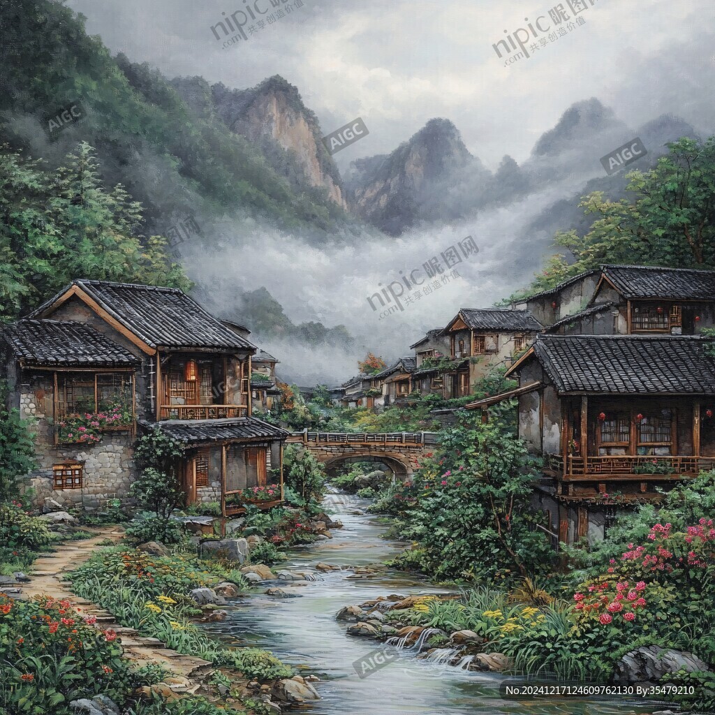 瑤族村寨油畫