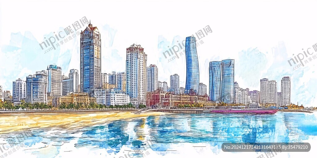 寧夏城市剪影插畫水彩