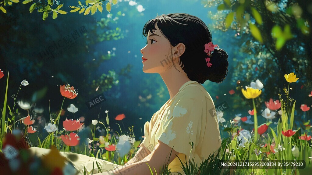 花叢里坐著的女孩