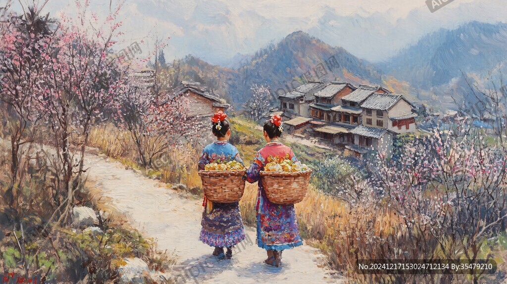 瑤族村寨油畫