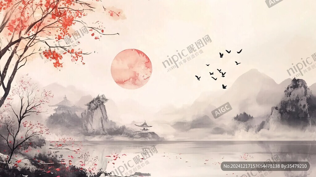 紅葉古風(fēng)山水畫
