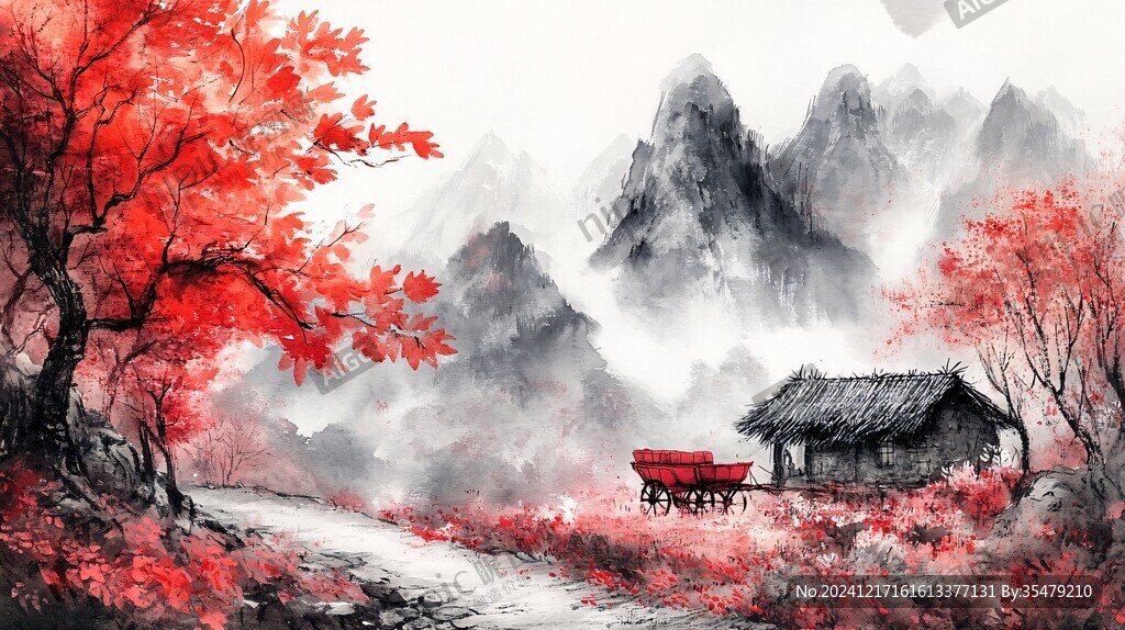 紅葉古風山水畫