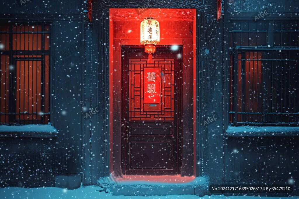 飄雪雪花雪景燈籠