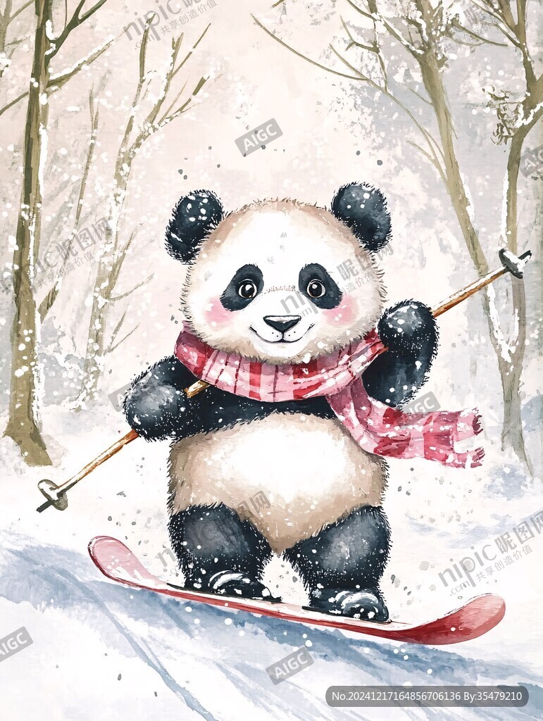 手繪滑雪的熊貓插畫
