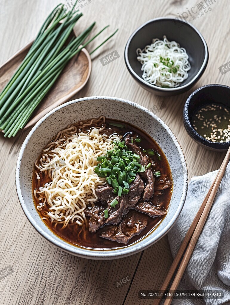 俯拍一碗牛肉面