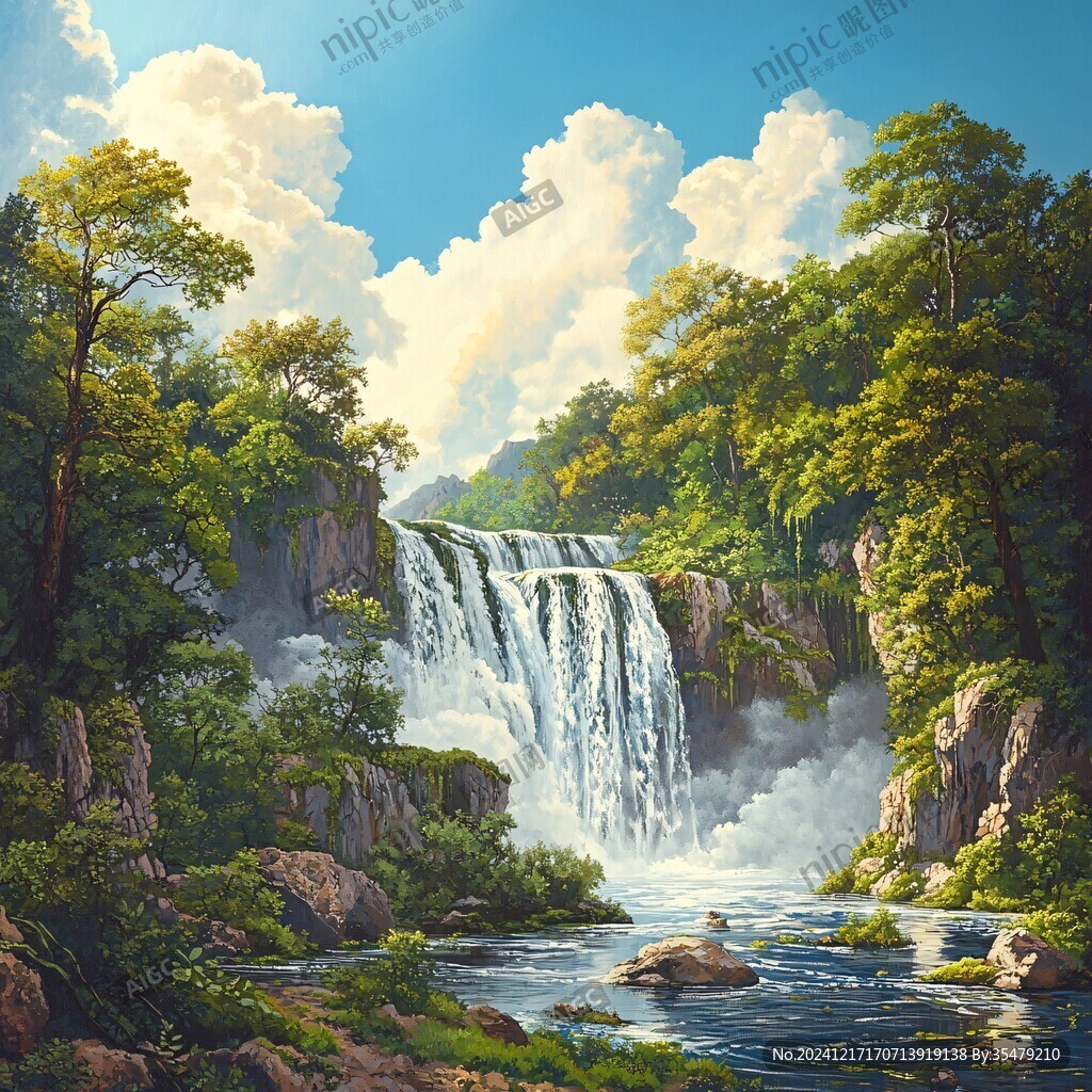 山水風(fēng)景油畫瀑布