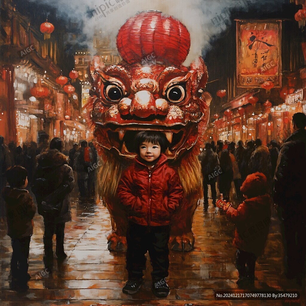 舞獅油畫