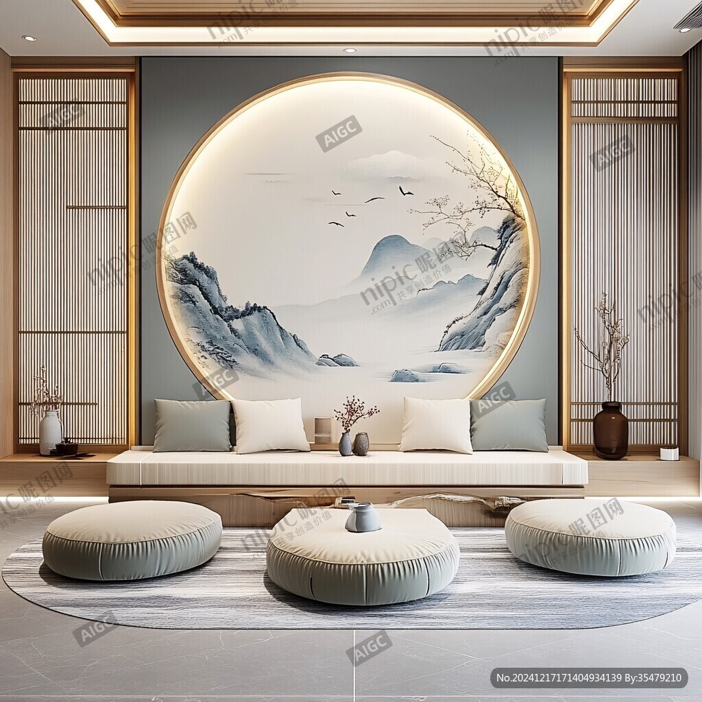 圓山水框畫硬包背景