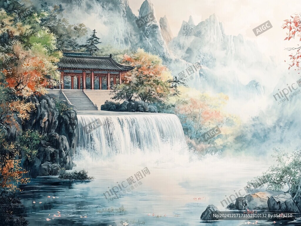 山水風景油畫瀑布