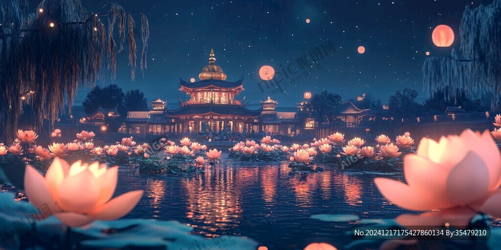 中秋節(jié)夜光荷花涼亭