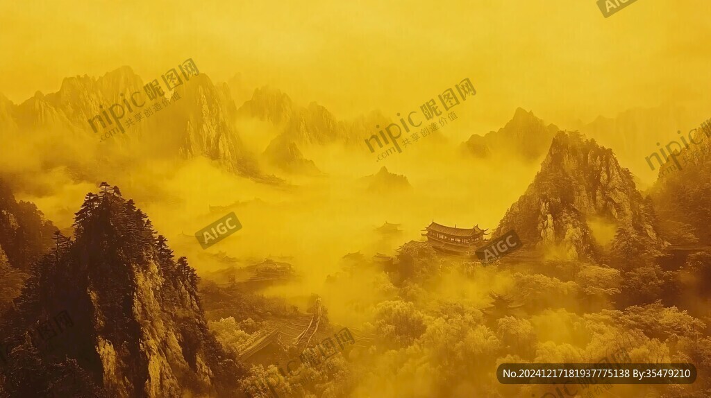 淡雅金色煙霧山水