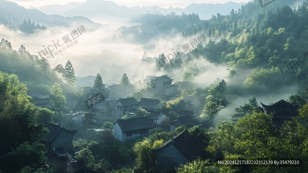 苗寨晨曦云霧