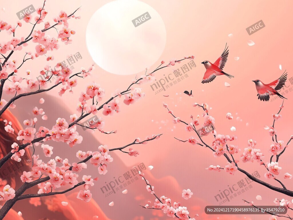 梅花仙鶴旭日東升
