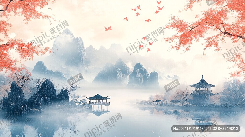 仙鶴古風(fēng)山水插畫