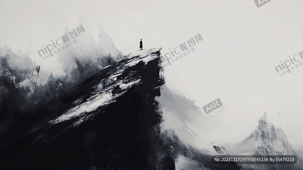 暈染墨跡禪境山峰