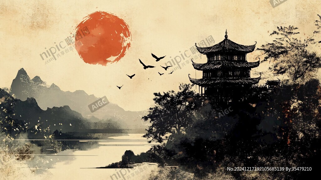 仙鶴樓閣古風(fēng)山水畫