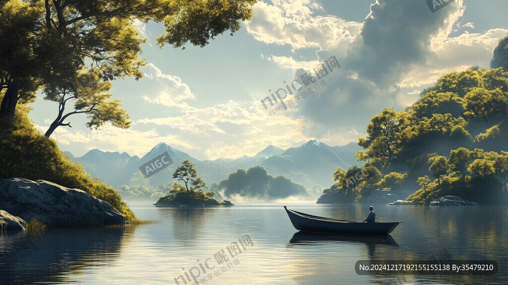 湖畔漁舟河流山峰環(huán)保