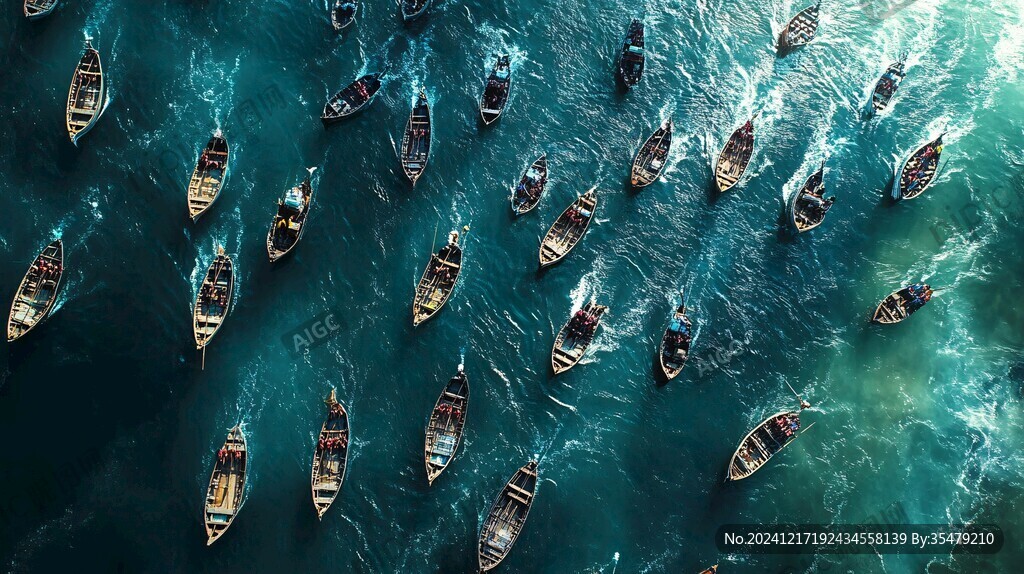 航拍大海漁船