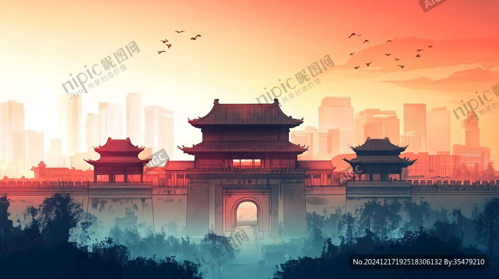 毫州建筑插畫背景