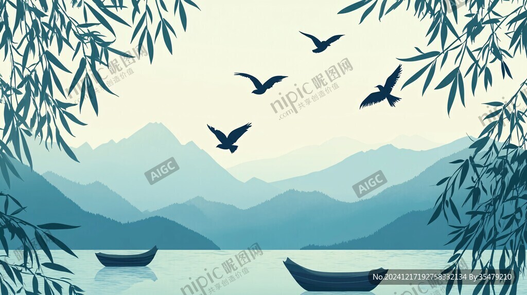 中式山湖插畫