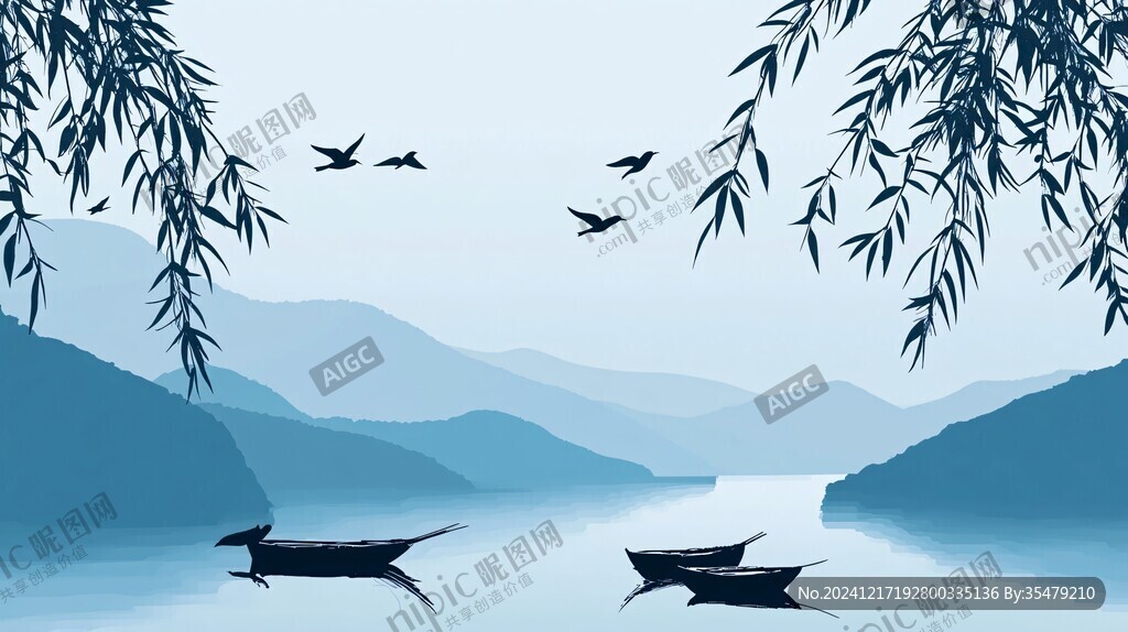 中式山湖插畫