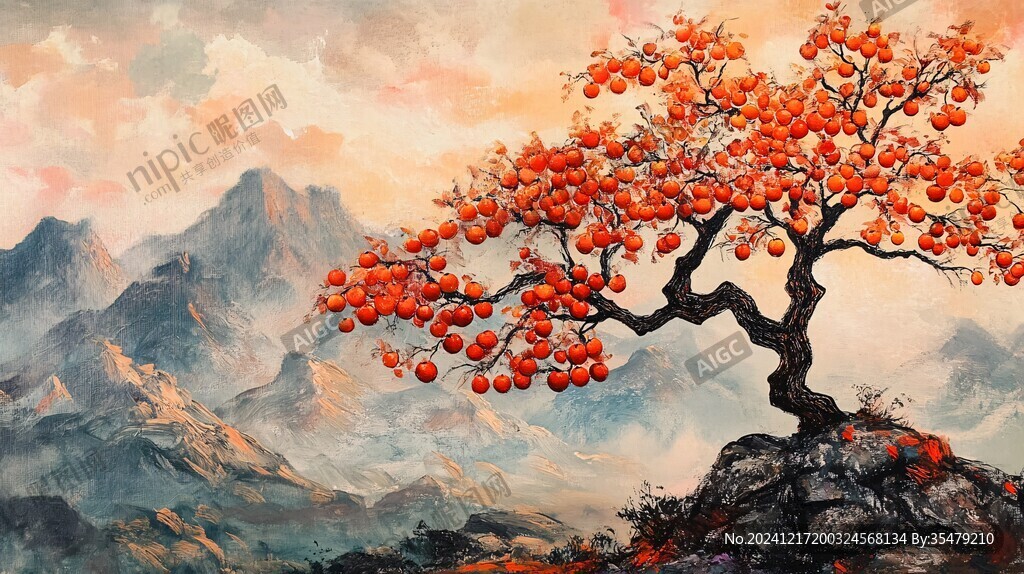 水墨柿樹
