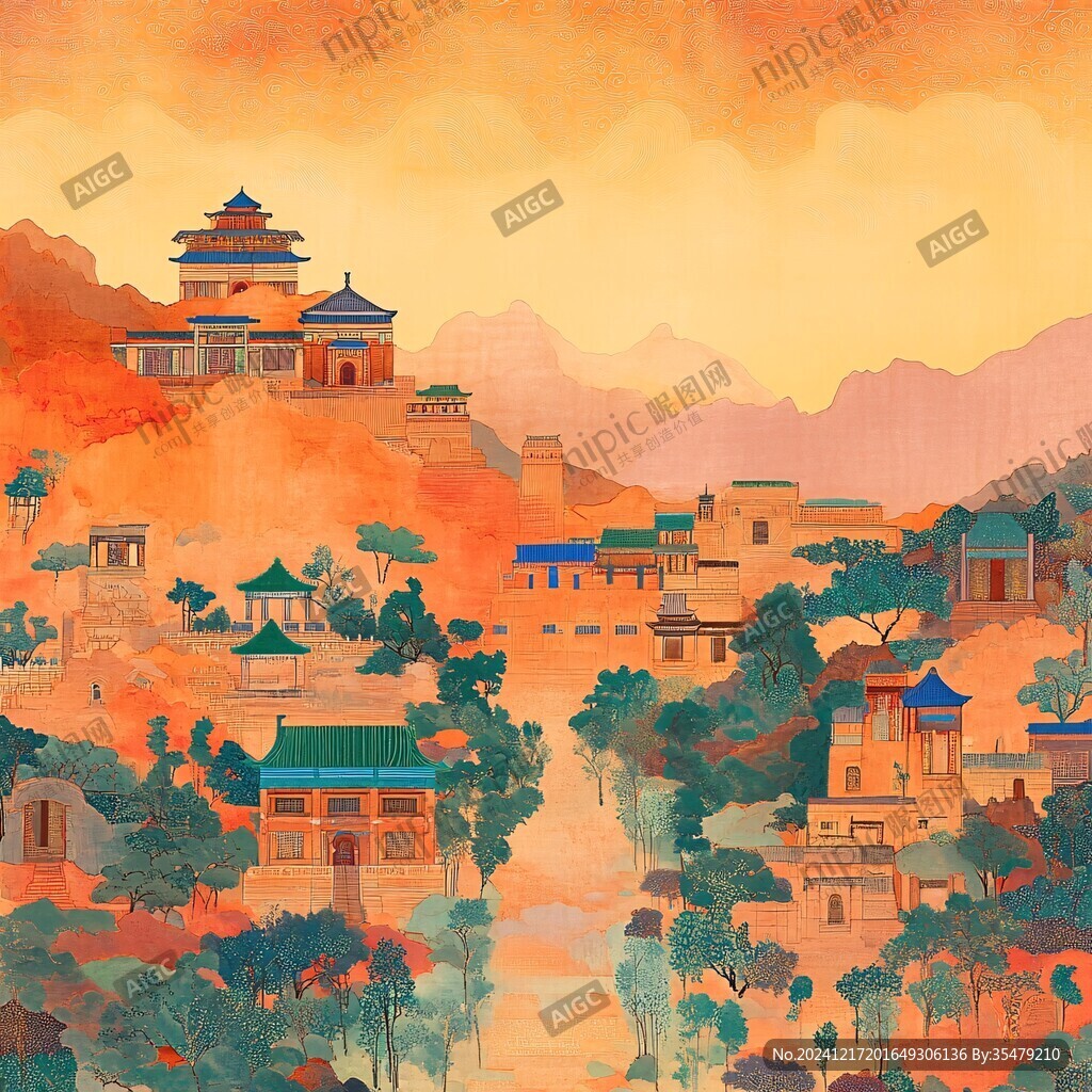 插畫橫店水彩水墨山水