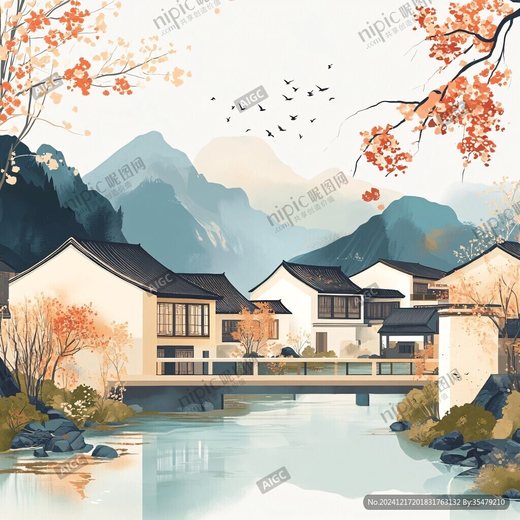 新中式房地產(chǎn)別墅插畫
