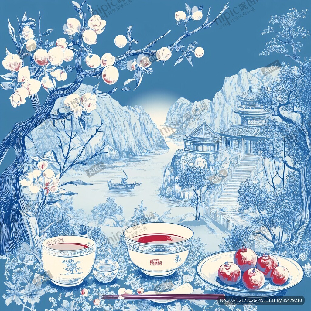 山水畫茶樹茶杯茶園