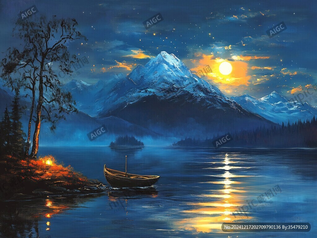 黃昏湖邊油畫