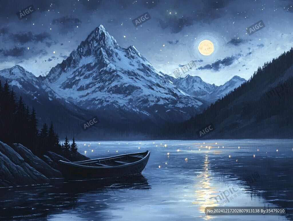 插畫夜景湖泊