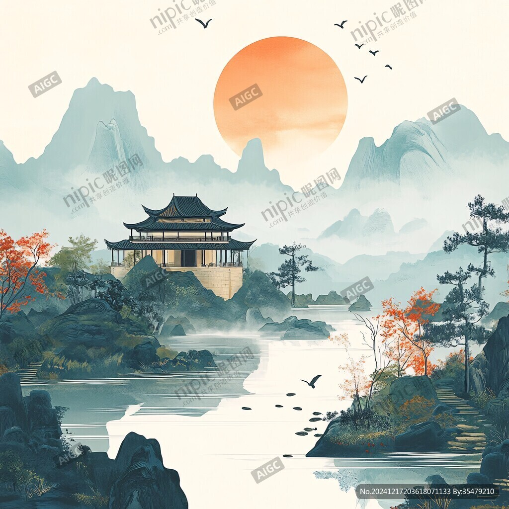 仙鶴樓閣山水插畫