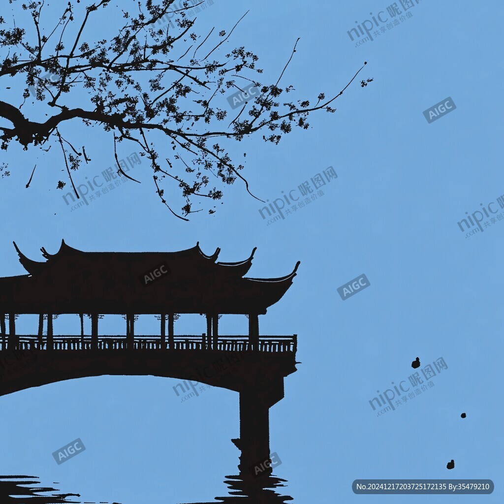 水墨江南亭臺樓閣古橋