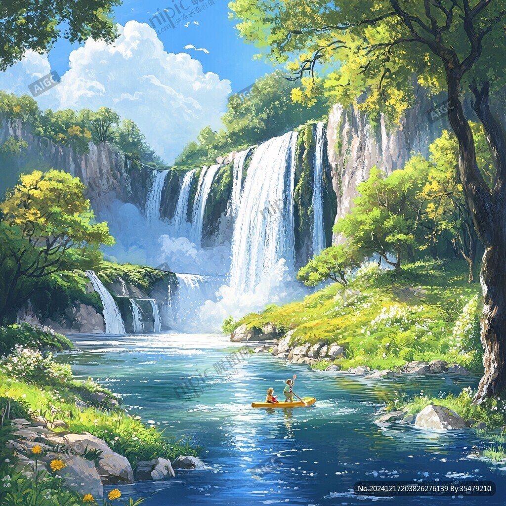 山水風(fēng)景油畫瀑布