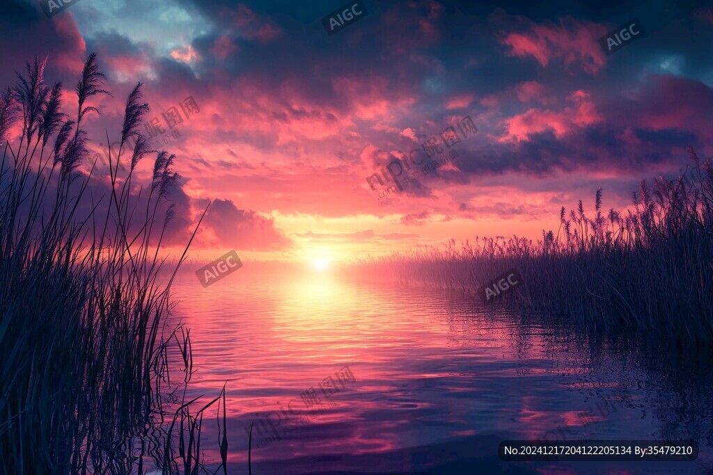 唯美湖泊夕陽