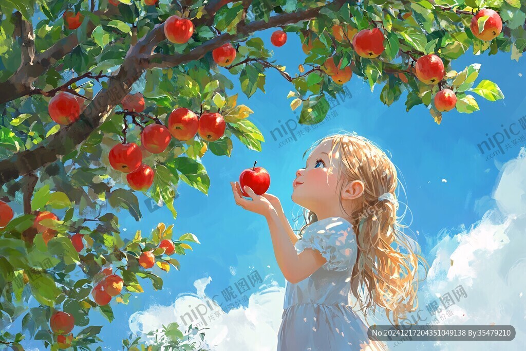 小女孩摘蘋果插畫