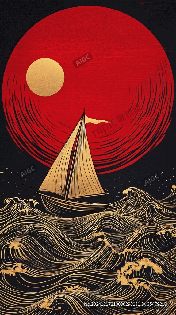 手繪海浪旭日東升