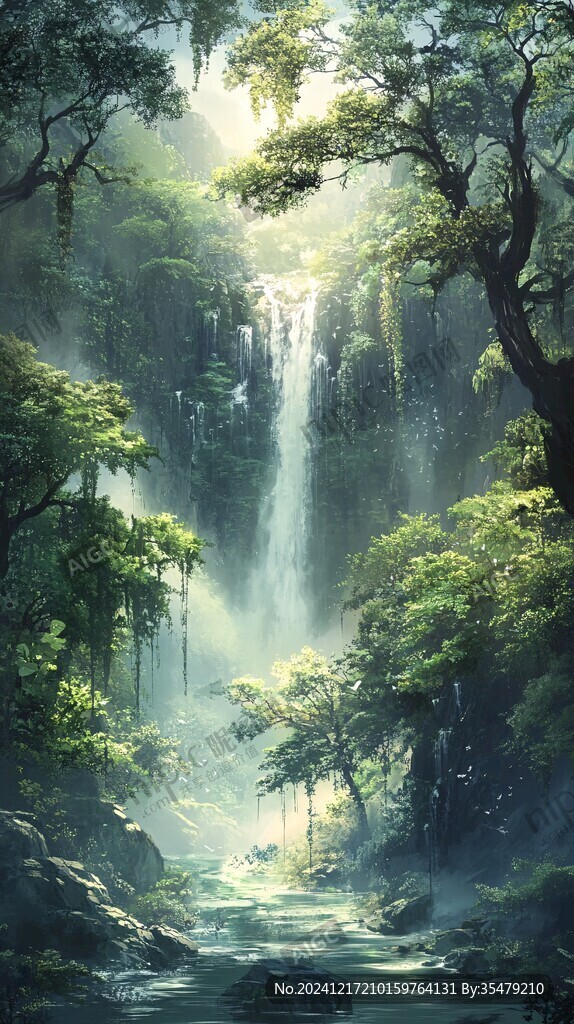 春天竹林瀑布晨曦唯美
