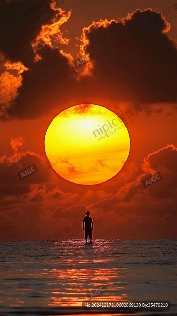 夕陽(yáng)下大海邊男人剪影