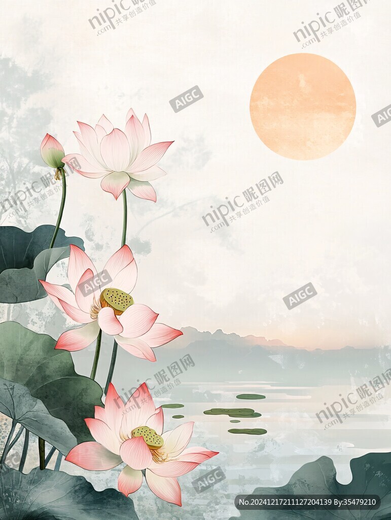 蓮花荷花水墨山水畫