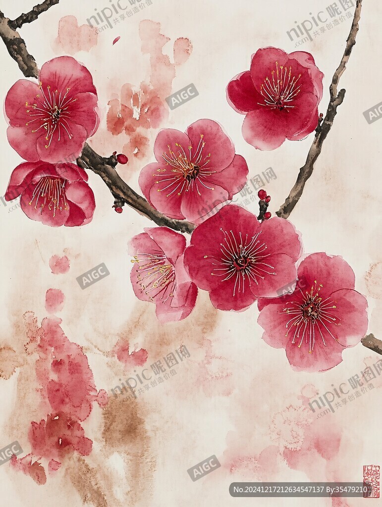 工筆手繪紅墻梅花
