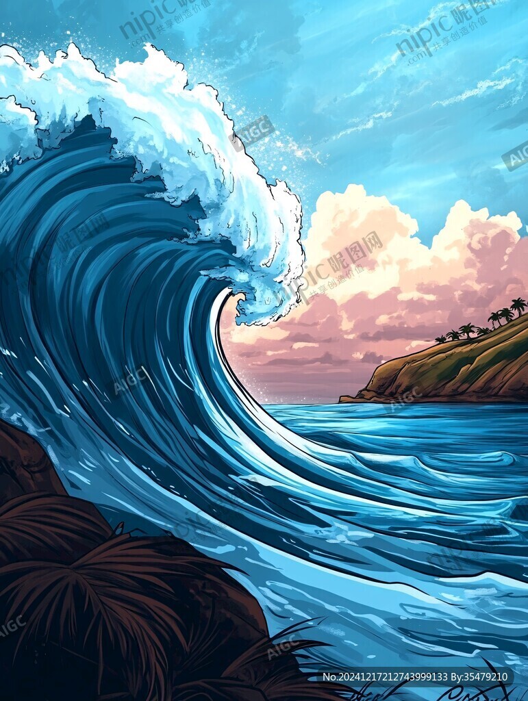 波濤海浪插畫