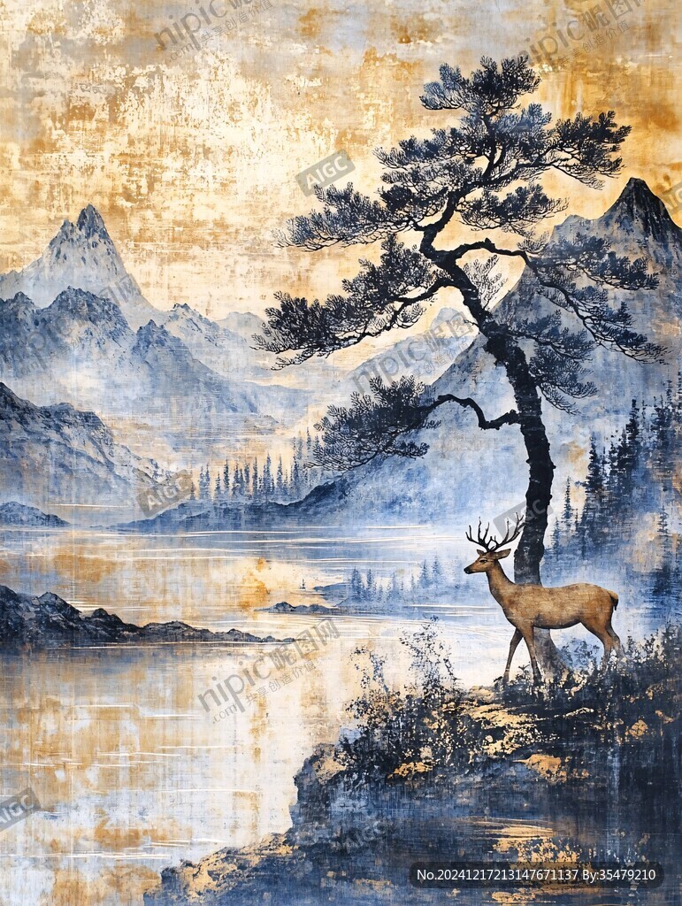 山峰山水畫油畫梅花鹿
