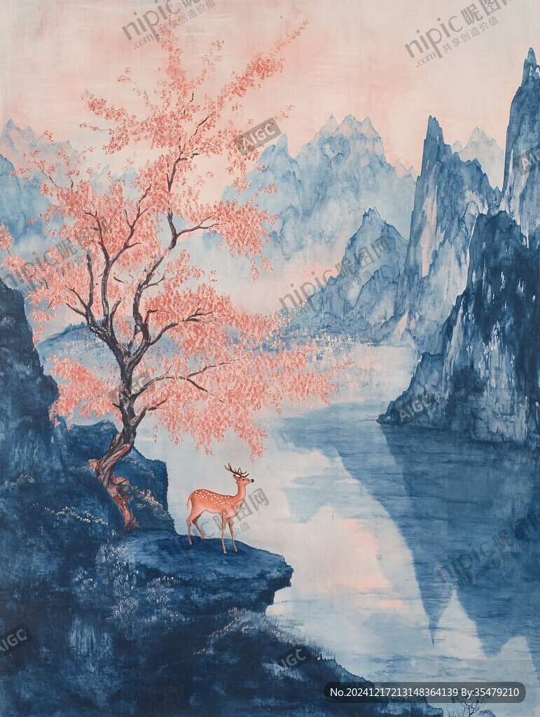 山峰山水畫油畫梅花鹿