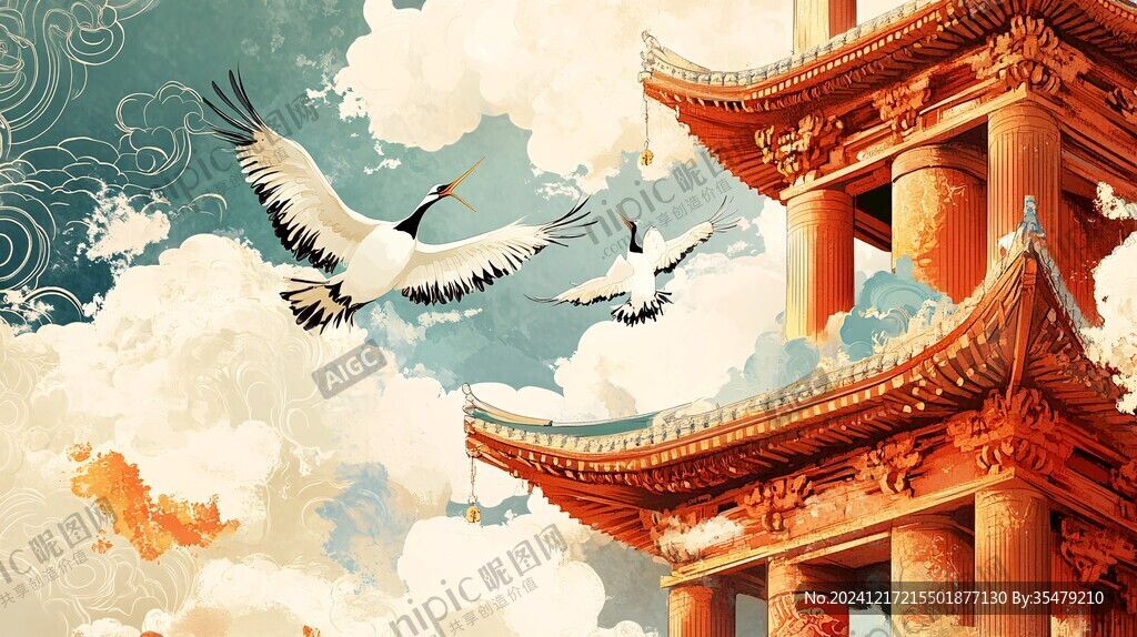 古風(fēng)樓閣瑞鶴插畫(huà)
