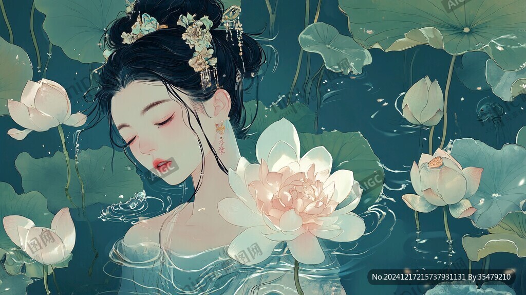 荷葉漢服女生插畫