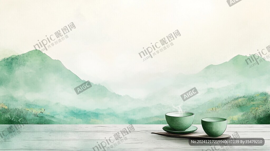 山水畫茶樹茶杯茶園