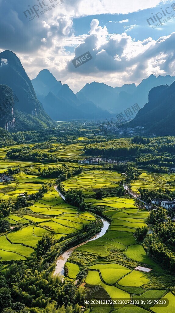 群山風景金色稻田