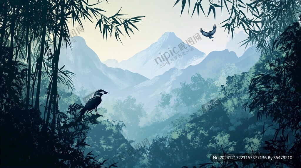 竹林飛鳥插畫